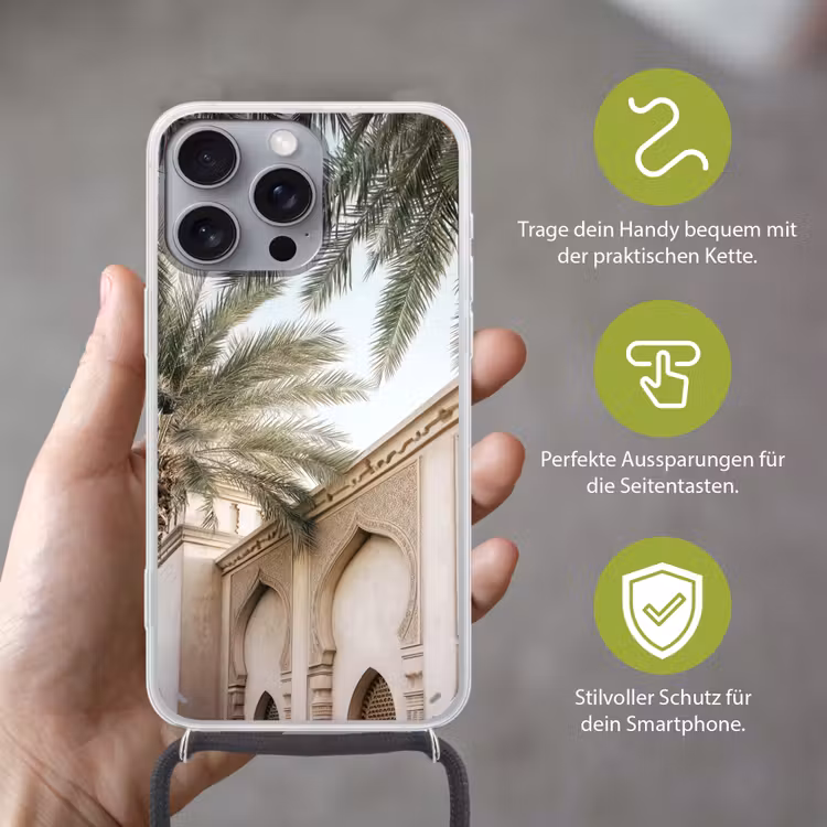 Gebouw - Palmbomen - Beige - Zon Hoesje iPhone 16 Pro Max met koord klein -sfeer2_DE