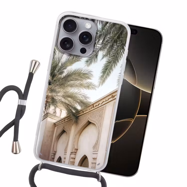 Gebouw - Palmbomen - Beige - Zon Hoesje iPhone 16 Pro Max met koord klein -sfeer1
