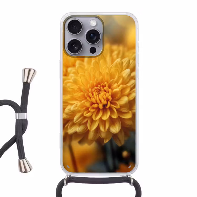 Geel - Chrysant - Zachtheid Hoesje iPhone 16 Pro Max met koord klein -3d