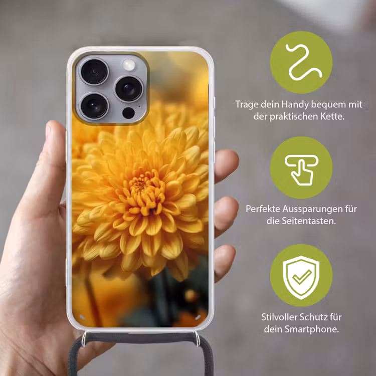 Geel - Chrysant - Zachtheid Hoesje iPhone 16 Pro Max met koord klein -sfeer2_DE