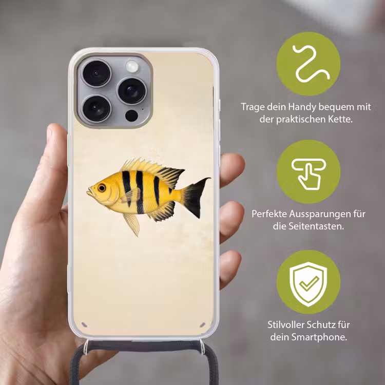 Geel - Vis - Strepen - Tropisch Hoesje iPhone 16 Pro Max met koord klein -sfeer2_DE