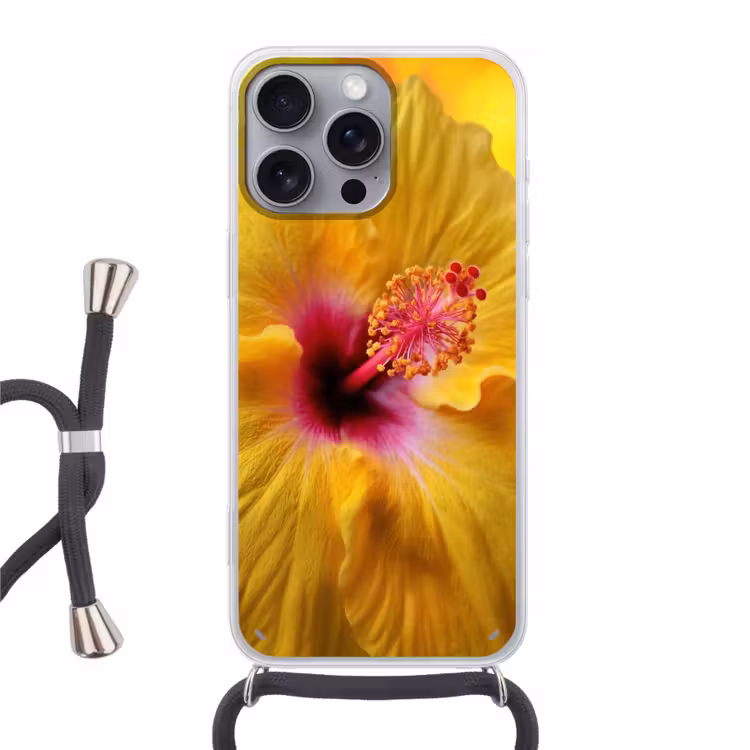 Geel - Hibiscus - Tropisch Hoesje iPhone 16 Pro Max met koord klein -3d