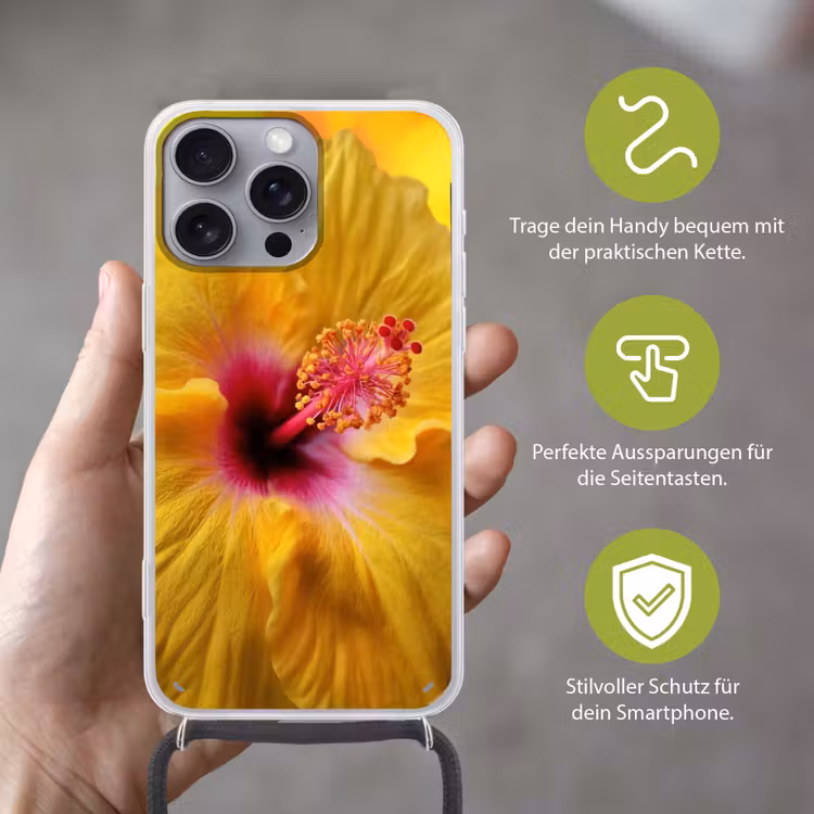 Geel - Hibiscus - Tropisch Hoesje iPhone 16 Pro Max met koord klein -sfeer2_DE