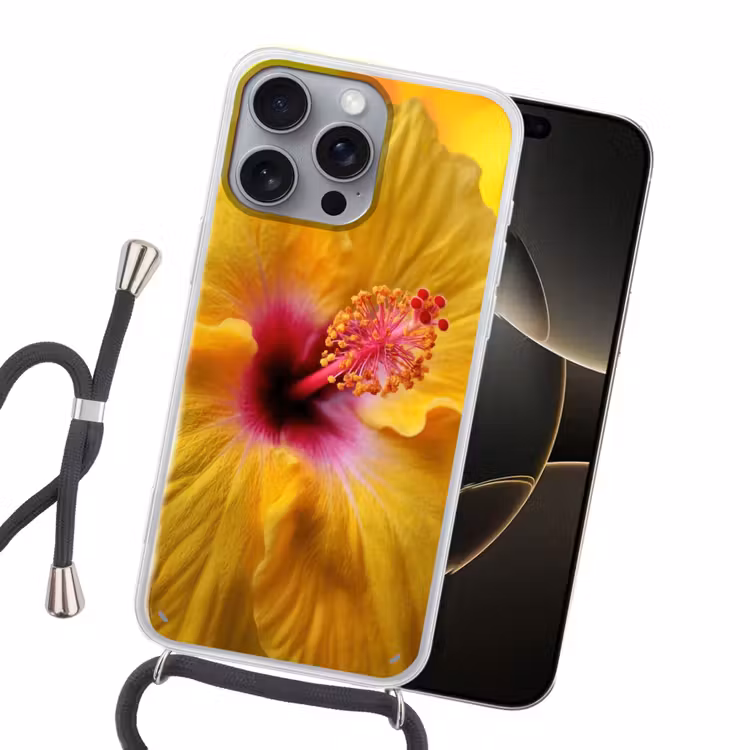 Geel - Hibiscus - Tropisch Hoesje iPhone 16 Pro Max met koord klein -sfeer1