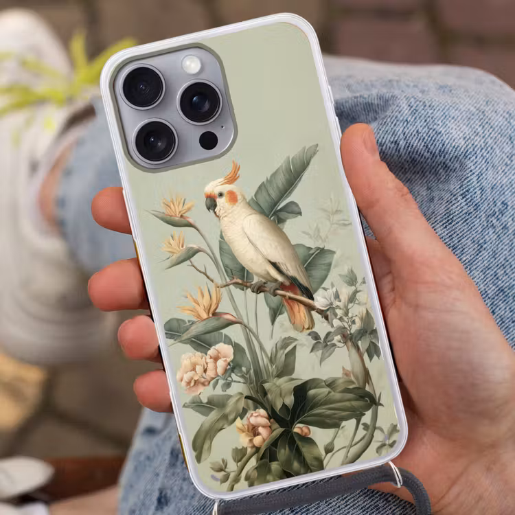 Gele kuifkaketoe - paradijsvogelbloemen - Groen Hoesje iPhone 16 Pro Max met koord klein -sfeer3