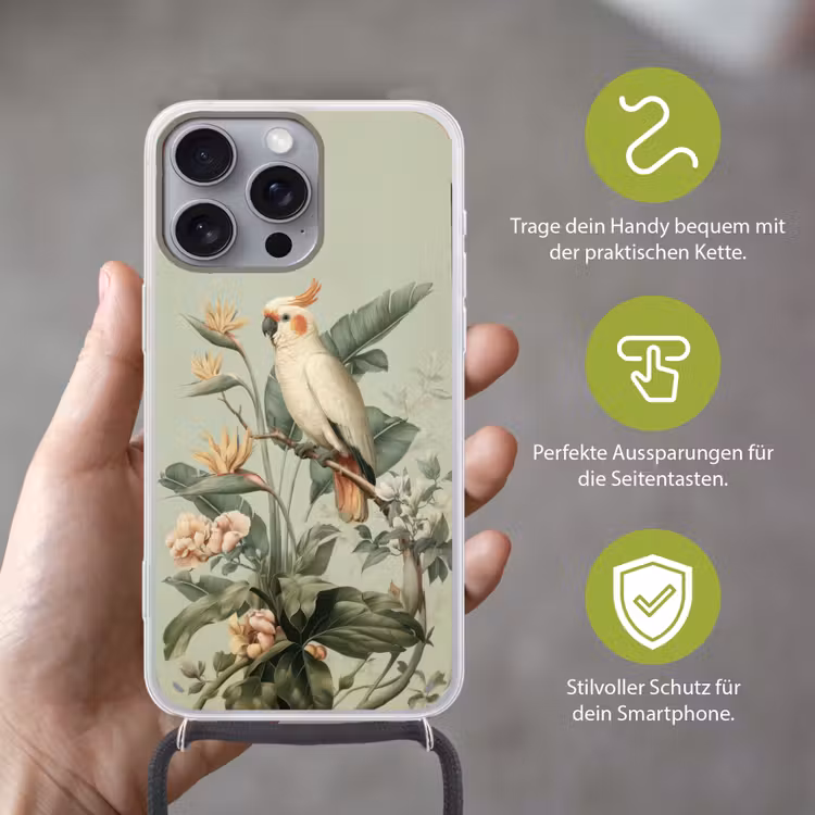 Gele kuifkaketoe - paradijsvogelbloemen - Groen Hoesje iPhone 16 Pro Max met koord klein -sfeer2_DE