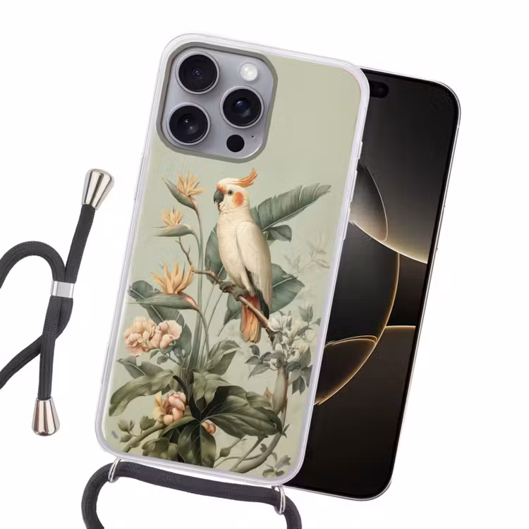 Gele kuifkaketoe - paradijsvogelbloemen - Groen Hoesje iPhone 16 Pro Max met koord klein -sfeer1
