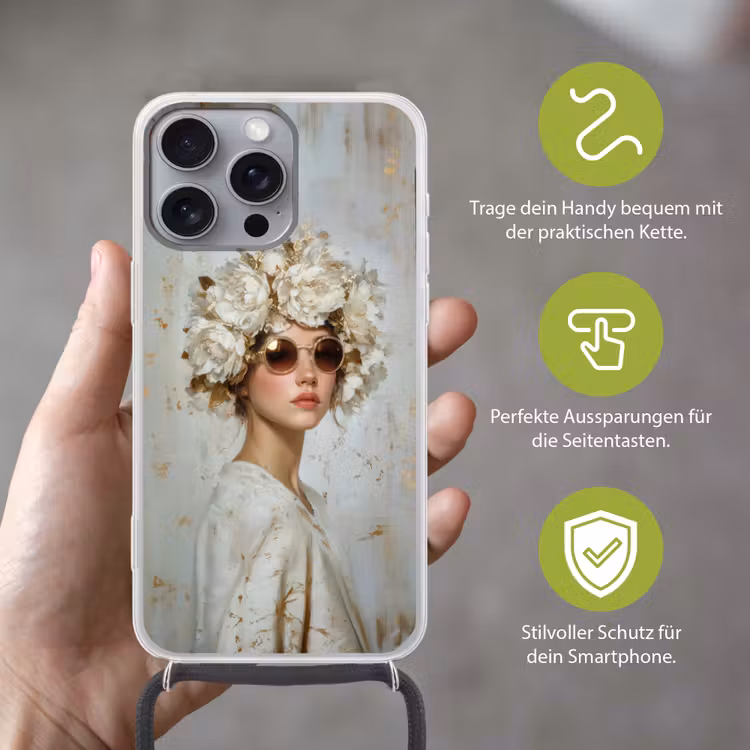 Schilderij - Vrouw - Zonnebril - Bloemenkrans Hoesje iPhone 16 Pro Max met koord klein -sfeer2_DE