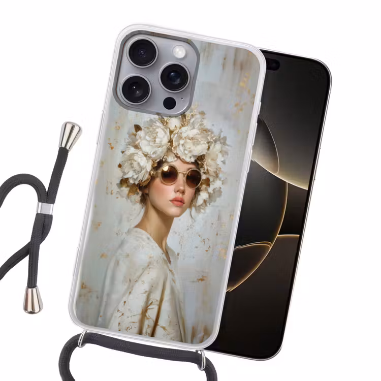 Schilderij - Vrouw - Zonnebril - Bloemenkrans Hoesje iPhone 16 Pro Max met koord klein -sfeer1