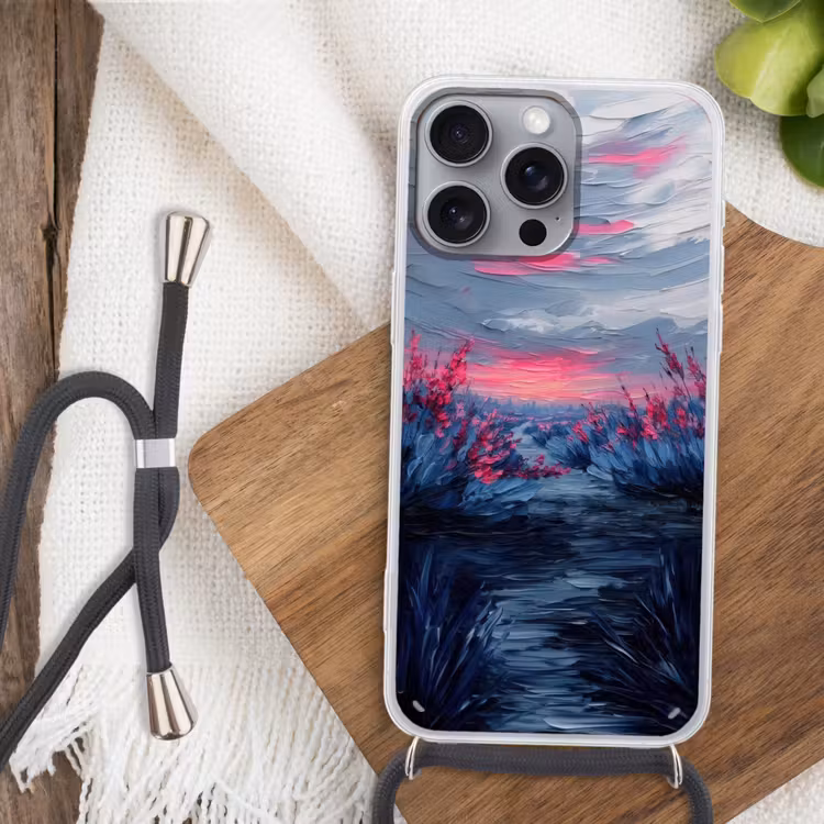 Schilderij - Zonsondergang - Bloemen - Rivier Hoesje iPhone 16 Pro Max met koord klein -sfeer4