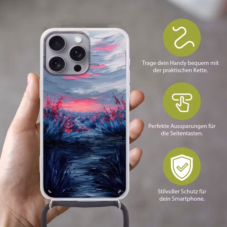 Schilderij - Zonsondergang - Bloemen - Rivier Hoesje iPhone 16 Pro Max met koord klein -sfeer2_DE