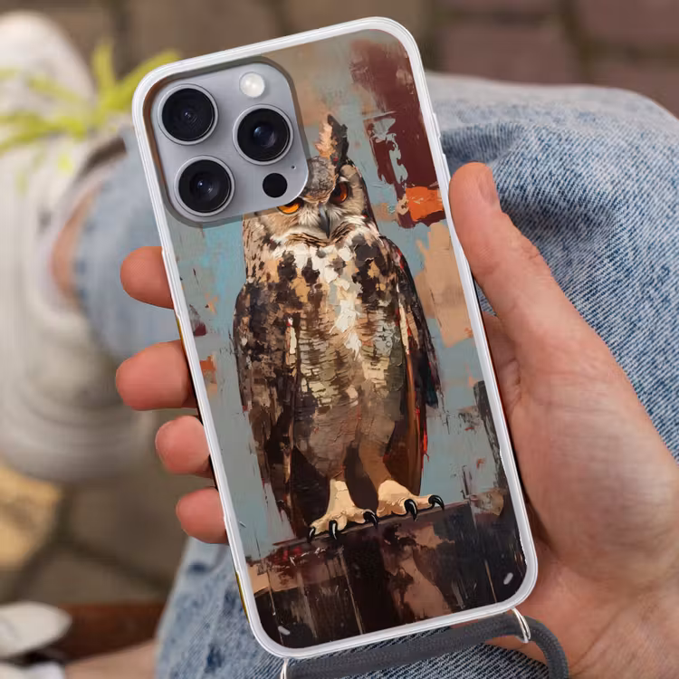 Geschilderd - Abstract - Uil - Bruin Hoesje iPhone 16 Pro Max met koord klein -sfeer3