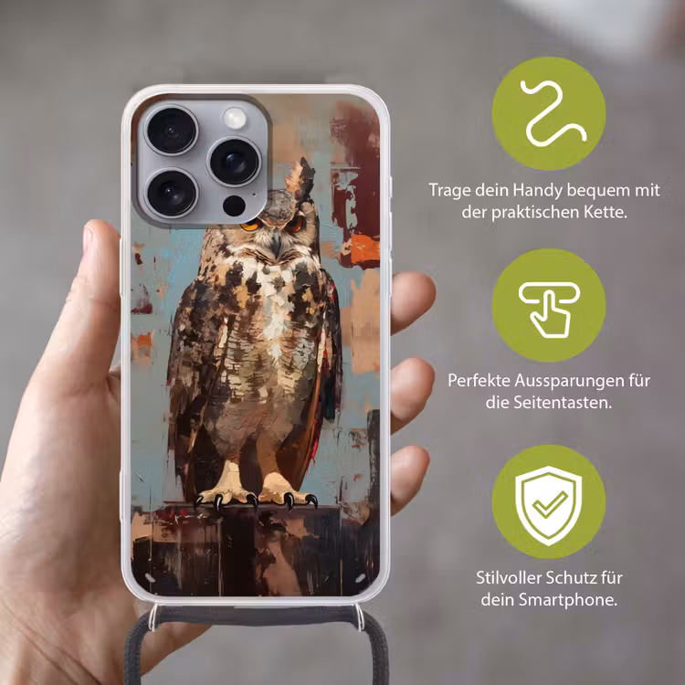 Geschilderd - Abstract - Uil - Bruin Hoesje iPhone 16 Pro Max met koord klein -sfeer2_DE