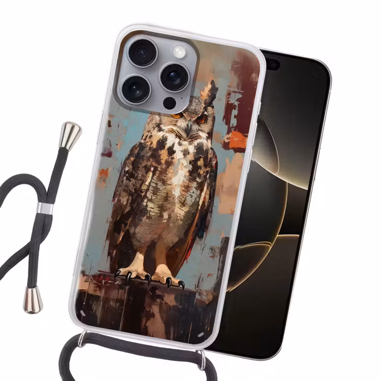 Geschilderd - Abstract - Uil - Bruin Hoesje iPhone 16 Pro Max met koord klein -sfeer1