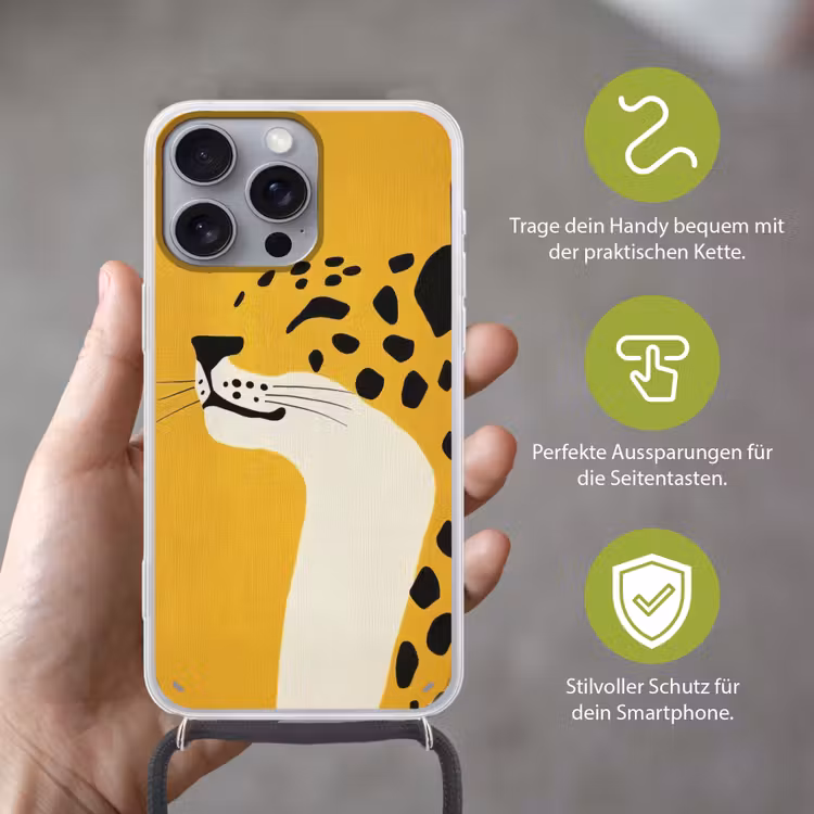 Cheetah - Illustratie - Geel Hoesje iPhone 16 Pro Max met koord klein -sfeer2_DE