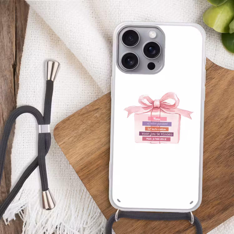 Cadeau - Strik - Tekst - Roze Hoesje iPhone 16 Pro Max met koord klein -sfeer4