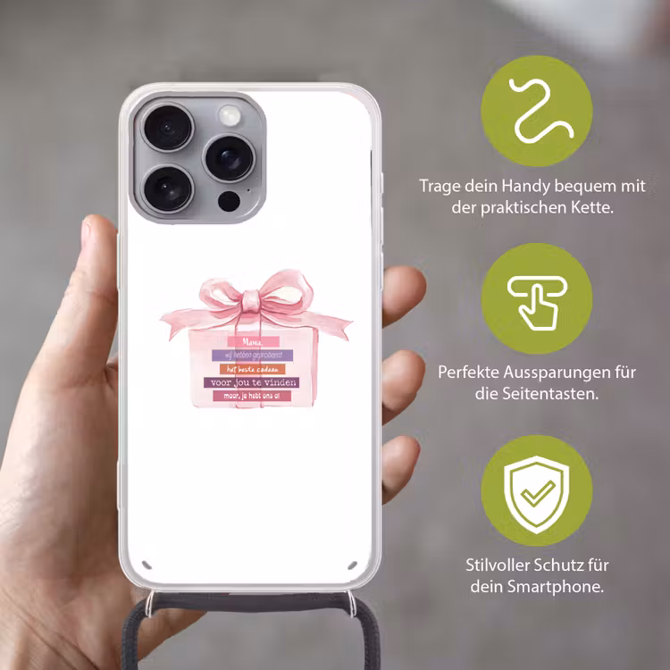 Cadeau - Strik - Tekst - Roze Hoesje iPhone 16 Pro Max met koord klein -sfeer2_DE