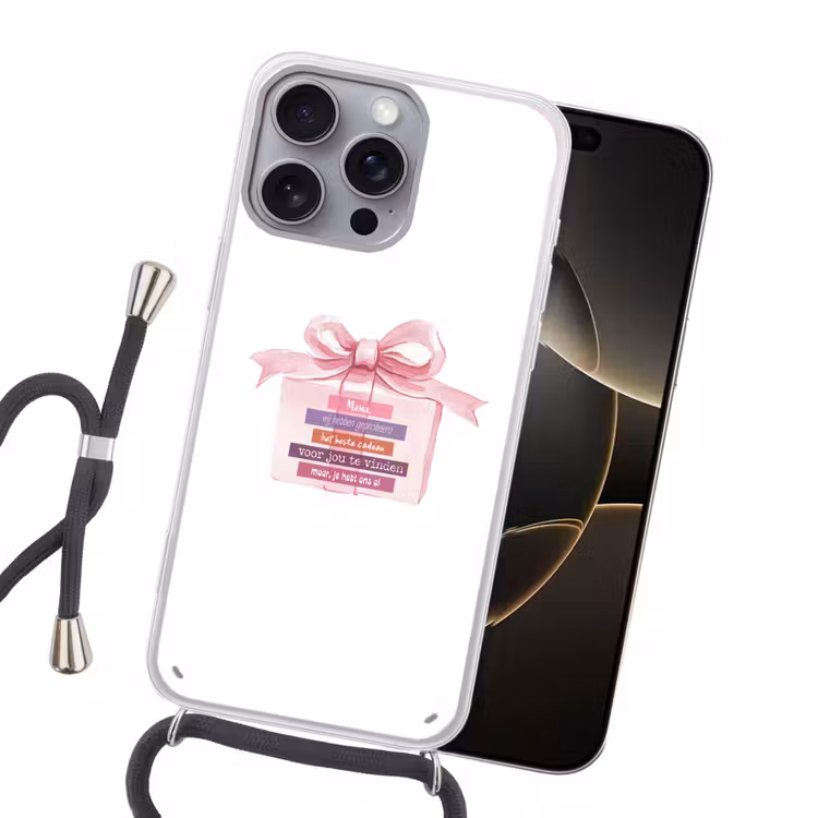 Cadeau - Strik - Tekst - Roze Hoesje iPhone 16 Pro Max met koord klein -sfeer1