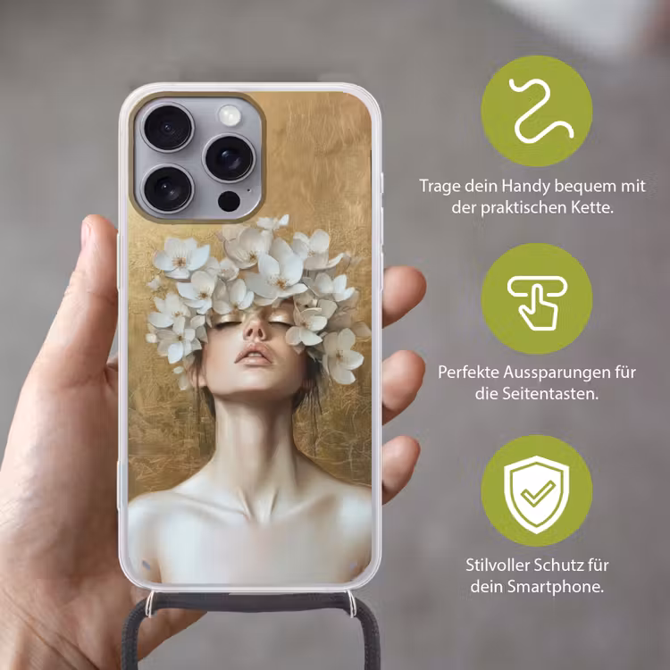 Gezicht - Bloemen - Goud - Abstract Hoesje iPhone 16 Pro Max met koord klein -sfeer2_DE