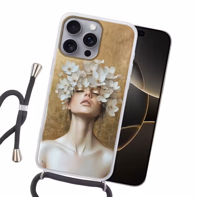 Gezicht - Bloemen - Goud - Abstract Hoesje iPhone 16 Pro Max met koord klein -sfeer1