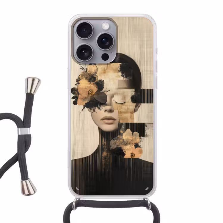 Gezicht - Bloemen - Zwart - Vrouw Hoesje iPhone 16 Pro Max met koord klein -3d