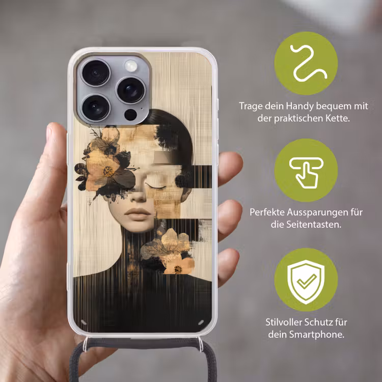 Gezicht - Bloemen - Zwart - Vrouw Hoesje iPhone 16 Pro Max met koord klein -sfeer2_DE