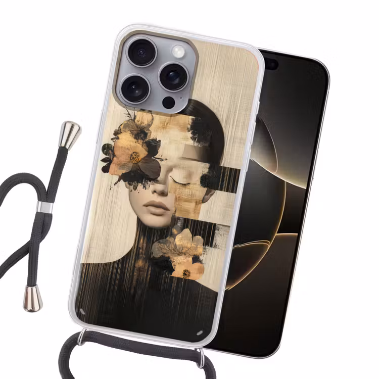 Gezicht - Bloemen - Zwart - Vrouw Hoesje iPhone 16 Pro Max met koord klein -sfeer1