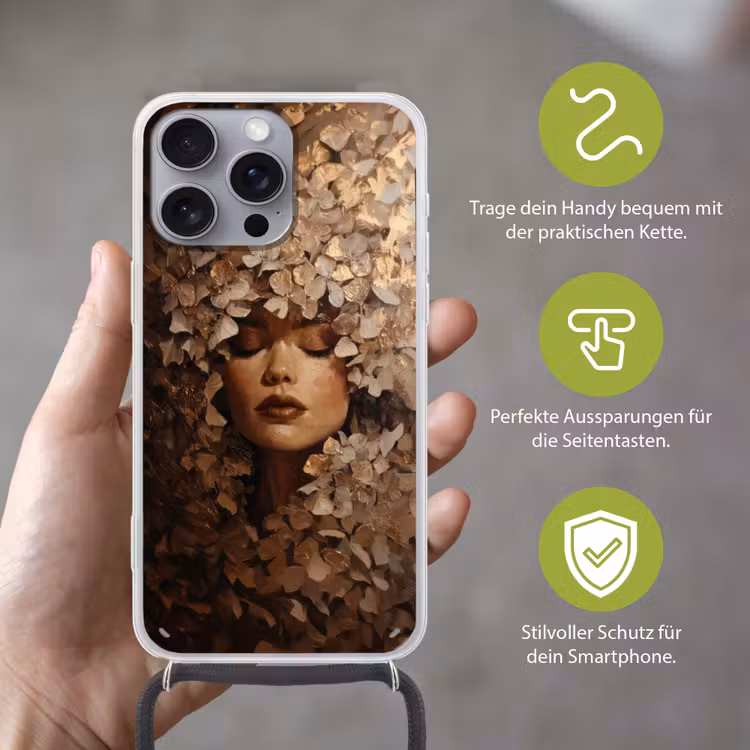 Gezicht - Vrouwe - Bladeren - Penseelstreken Hoesje iPhone 16 Pro Max met koord klein -sfeer2_DE