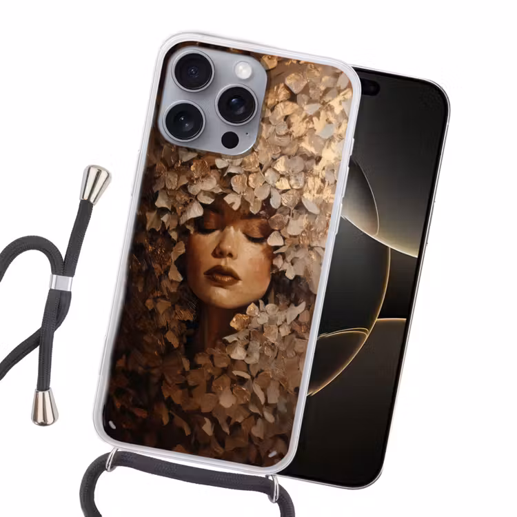 Gezicht - Vrouwe - Bladeren - Penseelstreken Hoesje iPhone 16 Pro Max met koord klein -sfeer1