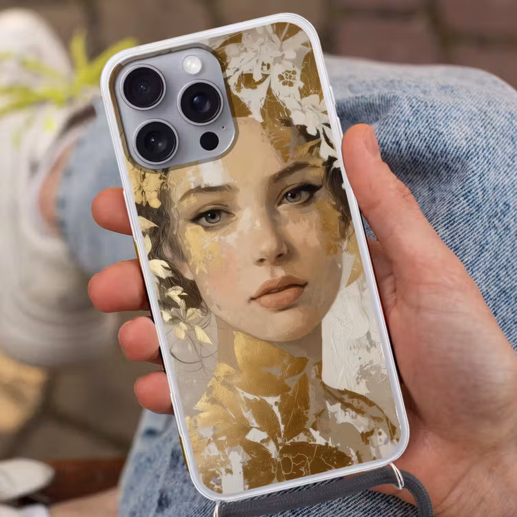 Gezicht - Vrouw - Bladeren - Goud Hoesje iPhone 16 Pro Max met koord klein -sfeer3