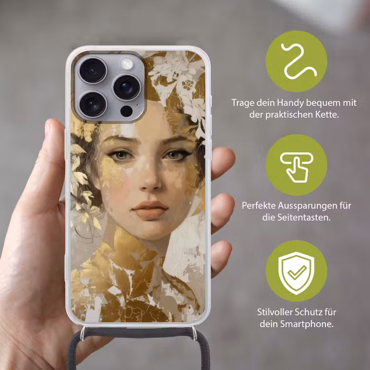 Gezicht - Vrouw - Bladeren - Goud Hoesje iPhone 16 Pro Max met koord klein -sfeer2_DE