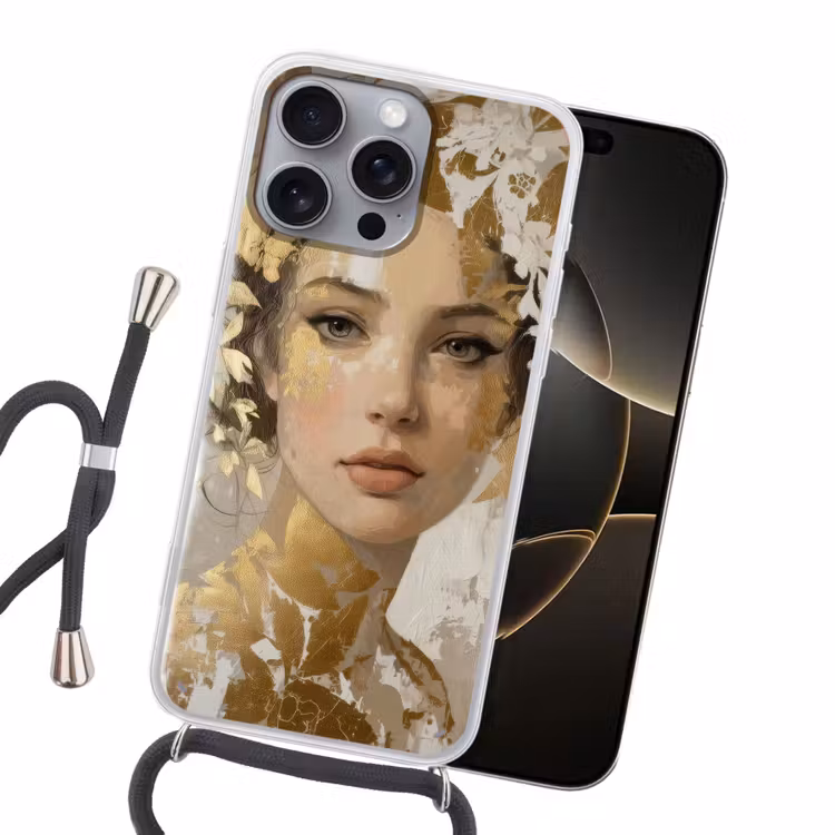 Gezicht - Vrouw - Bladeren - Goud Hoesje iPhone 16 Pro Max met koord klein -sfeer1