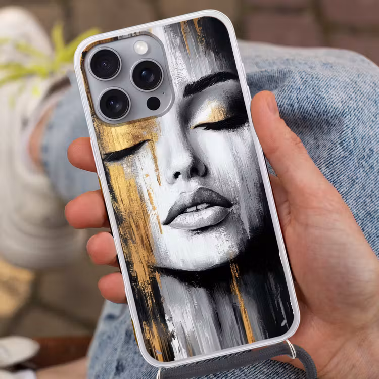 Gezicht - Vrouw - Penseelstreken - Abstract Hoesje iPhone 16 Pro Max met koord klein -sfeer3