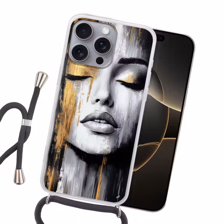 Gezicht - Vrouw - Penseelstreken - Abstract Hoesje iPhone 16 Pro Max met koord klein -sfeer1