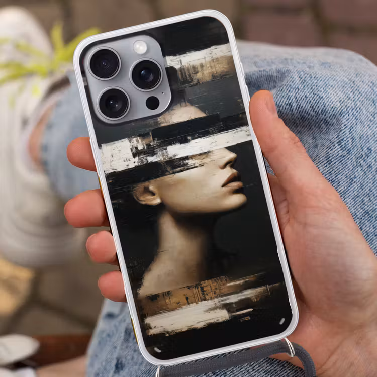 Gezicht - Vrouw - Zwart - Abstract Hoesje iPhone 16 Pro Max met koord klein -sfeer3