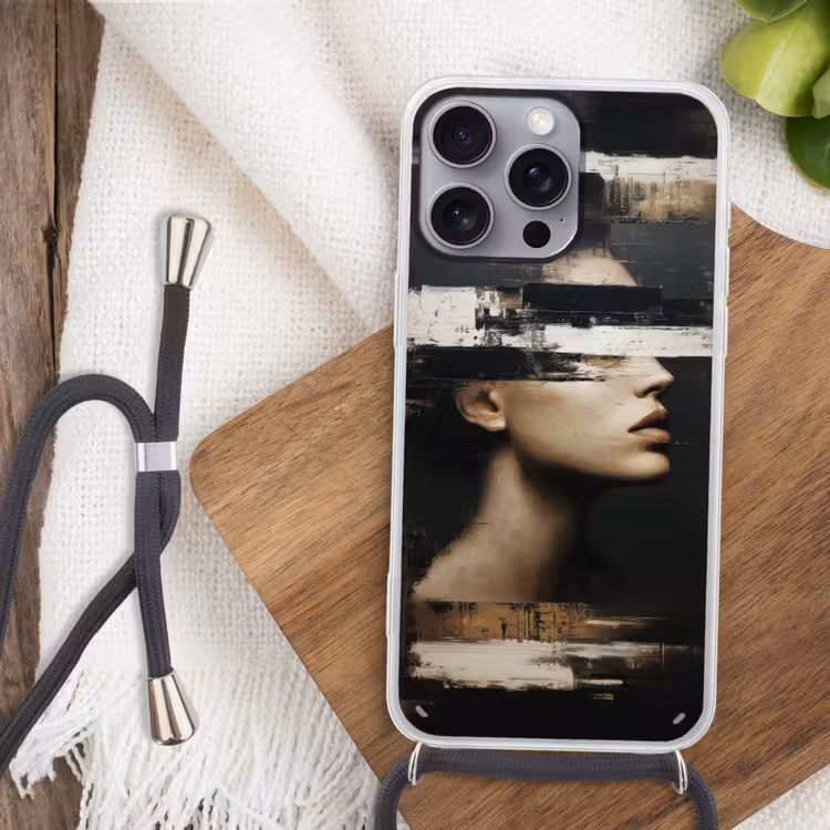 Gezicht - Vrouw - Zwart - Abstract Hoesje iPhone 16 Pro Max met koord klein -sfeer4