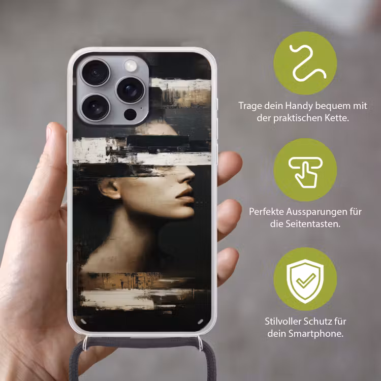 Gezicht - Vrouw - Zwart - Abstract Hoesje iPhone 16 Pro Max met koord klein -sfeer2_DE