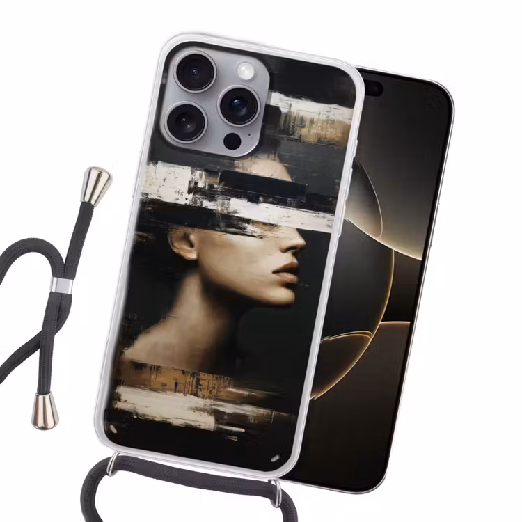 Gezicht - Vrouw - Zwart - Abstract Hoesje iPhone 16 Pro Max met koord klein -sfeer1