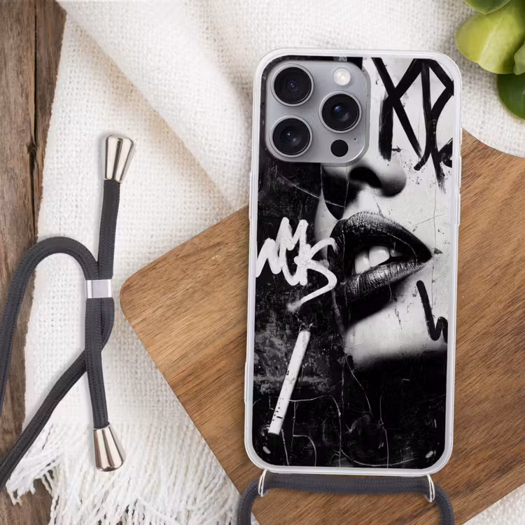 Gezicht - Mond - Graffiti - Zwart Hoesje iPhone 16 Pro Max met koord klein -sfeer4