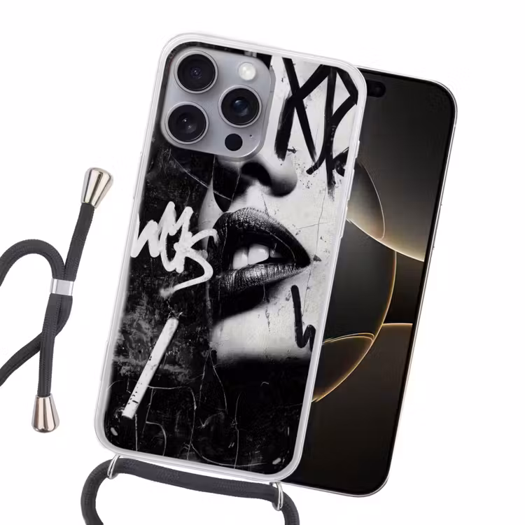 Gezicht - Mond - Graffiti - Zwart Hoesje iPhone 16 Pro Max met koord klein -sfeer1