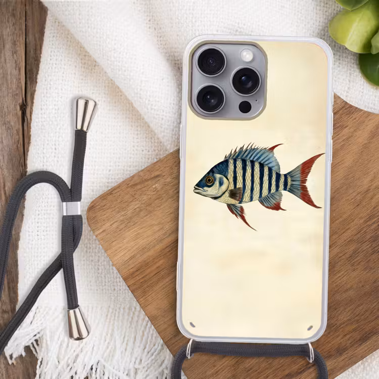 Gestreept - Donkerblauw - Rugvin - Vis Hoesje iPhone 16 Pro Max met koord klein -sfeer4
