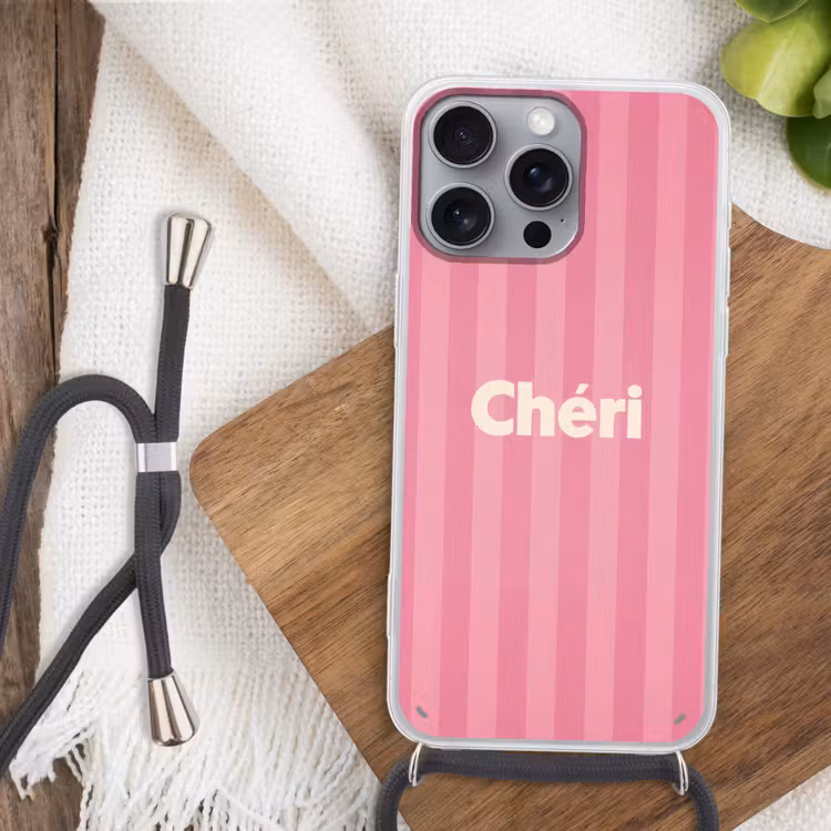 Gestreept - Roze - Chéri Hoesje iPhone 16 Pro Max met koord klein -sfeer4