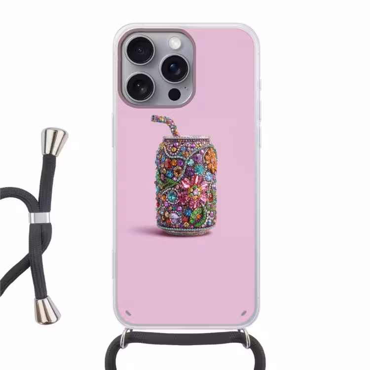 Frisdrankblikje - Bloemenpatroon - Edelstenen - Kleurrijk Hoesje iPhone 16 Pro Max met koord klein -3d