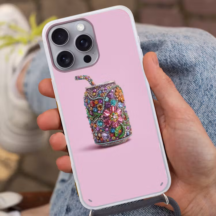 Frisdrankblikje - Bloemenpatroon - Edelstenen - Kleurrijk Hoesje iPhone 16 Pro Max met koord klein -sfeer3