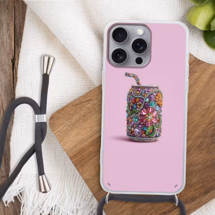 Frisdrankblikje - Bloemenpatroon - Edelstenen - Kleurrijk Hoesje iPhone 16 Pro Max met koord klein -sfeer4