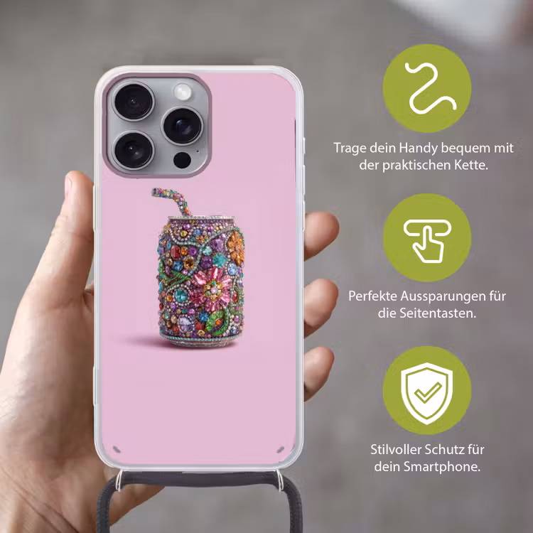 Frisdrankblikje - Bloemenpatroon - Edelstenen - Kleurrijk Hoesje iPhone 16 Pro Max met koord klein -sfeer2_DE
