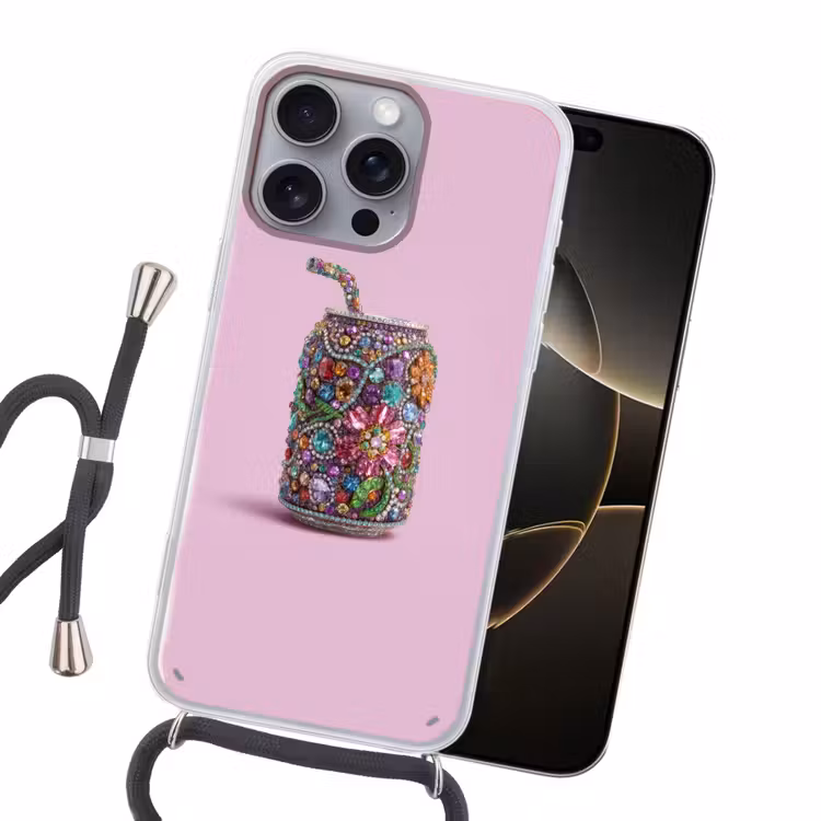 Frisdrankblikje - Bloemenpatroon - Edelstenen - Kleurrijk Hoesje iPhone 16 Pro Max met koord klein -sfeer1