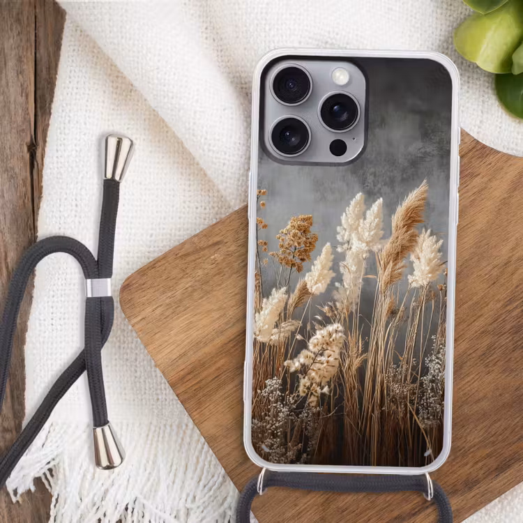 Gedroogde Veldbloemen - Grijs - Beton Hoesje iPhone 16 Pro Max met koord klein -sfeer4