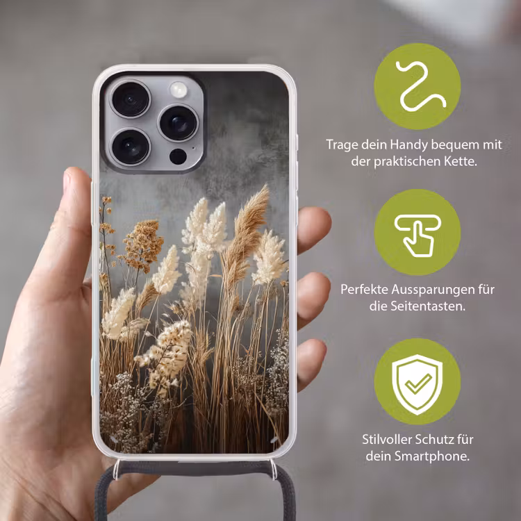 Gedroogde Veldbloemen - Grijs - Beton Hoesje iPhone 16 Pro Max met koord klein -sfeer2_DE