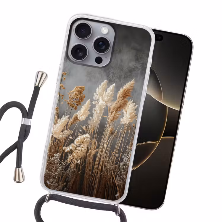 Gedroogde Veldbloemen - Grijs - Beton Hoesje iPhone 16 Pro Max met koord klein -sfeer1